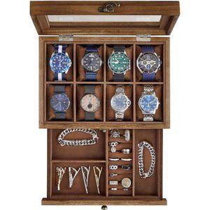 8-Slot 2-Tier Watch Display Case w/ Large Glass Lid Watch Pillows Velvet Lining